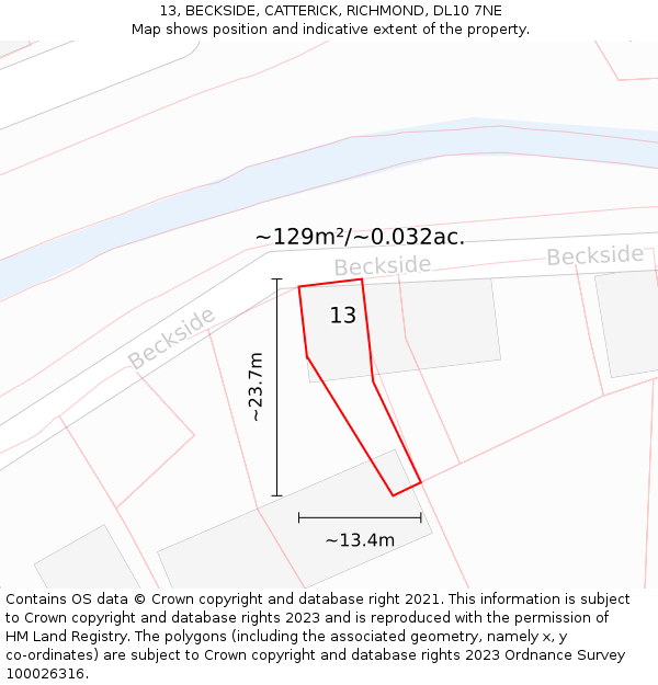 13, BECKSIDE, CATTERICK, RICHMOND, DL10 7NE: Plot and title map
