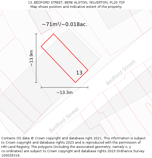 13, BEDFORD STREET, BERE ALSTON, YELVERTON, PL20 7DF: Plot and title map