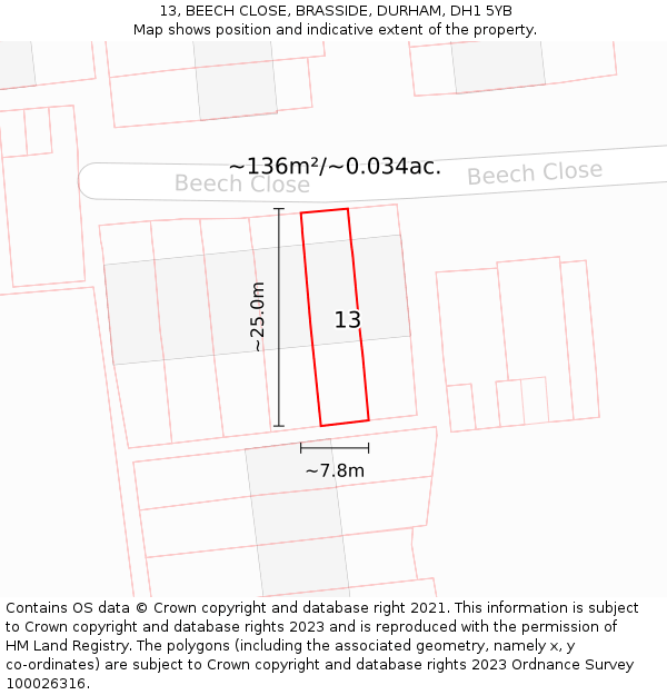 13, BEECH CLOSE, BRASSIDE, DURHAM, DH1 5YB: Plot and title map