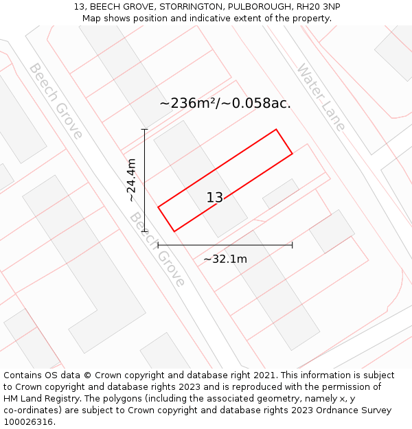 13, BEECH GROVE, STORRINGTON, PULBOROUGH, RH20 3NP: Plot and title map