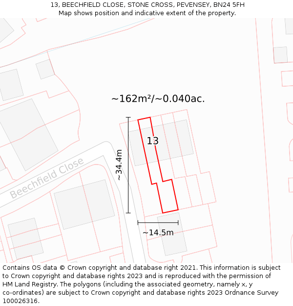 13, BEECHFIELD CLOSE, STONE CROSS, PEVENSEY, BN24 5FH: Plot and title map