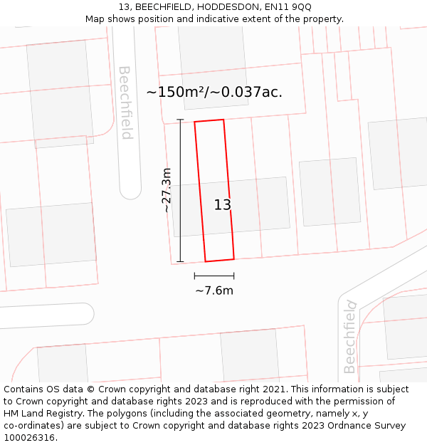 13, BEECHFIELD, HODDESDON, EN11 9QQ: Plot and title map
