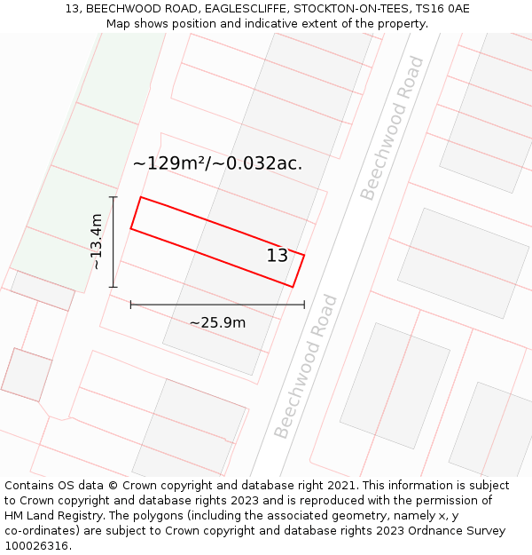 13, BEECHWOOD ROAD, EAGLESCLIFFE, STOCKTON-ON-TEES, TS16 0AE: Plot and title map