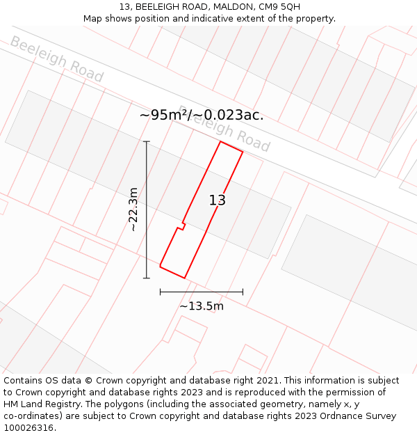 13, BEELEIGH ROAD, MALDON, CM9 5QH: Plot and title map