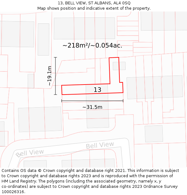 13, BELL VIEW, ST ALBANS, AL4 0SQ: Plot and title map