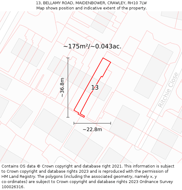 13, BELLAMY ROAD, MAIDENBOWER, CRAWLEY, RH10 7LW: Plot and title map