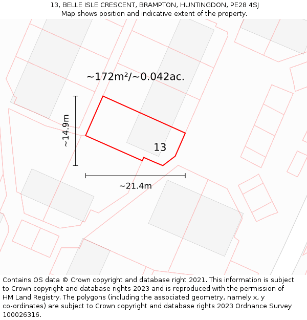 13, BELLE ISLE CRESCENT, BRAMPTON, HUNTINGDON, PE28 4SJ: Plot and title map