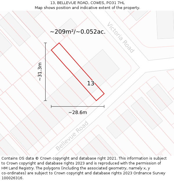 13, BELLEVUE ROAD, COWES, PO31 7HL: Plot and title map
