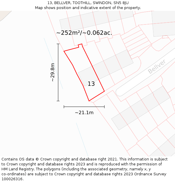 13, BELLVER, TOOTHILL, SWINDON, SN5 8JU: Plot and title map