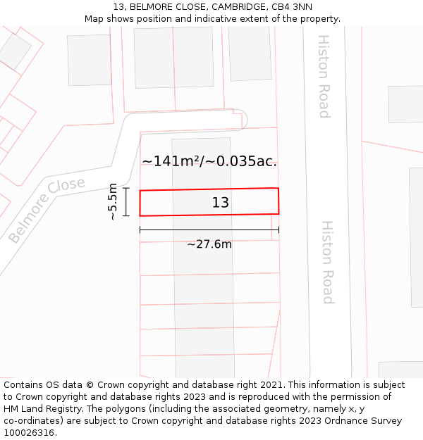 13, BELMORE CLOSE, CAMBRIDGE, CB4 3NN: Plot and title map