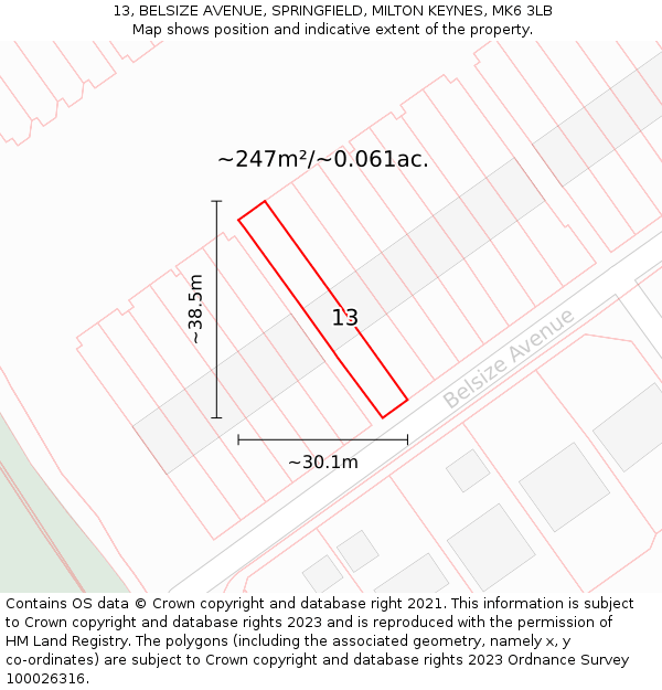 13, BELSIZE AVENUE, SPRINGFIELD, MILTON KEYNES, MK6 3LB: Plot and title map