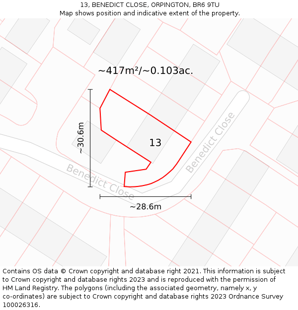 13, BENEDICT CLOSE, ORPINGTON, BR6 9TU: Plot and title map