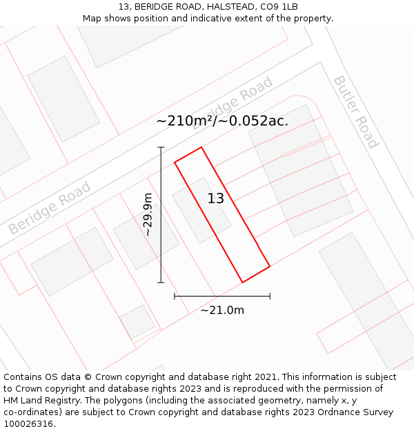 13, BERIDGE ROAD, HALSTEAD, CO9 1LB: Plot and title map