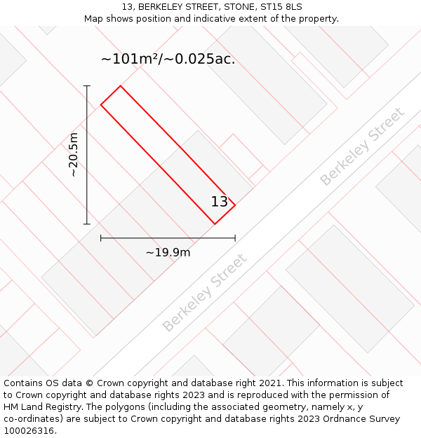 13, BERKELEY STREET, STONE, ST15 8LS: Plot and title map