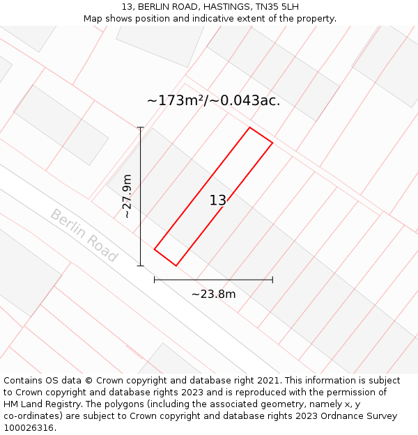 13, BERLIN ROAD, HASTINGS, TN35 5LH: Plot and title map