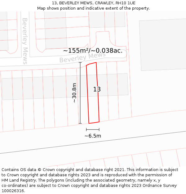 13, BEVERLEY MEWS, CRAWLEY, RH10 1UE: Plot and title map