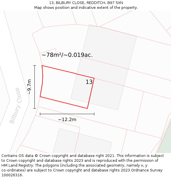 13, BILBURY CLOSE, REDDITCH, B97 5XN: Plot and title map