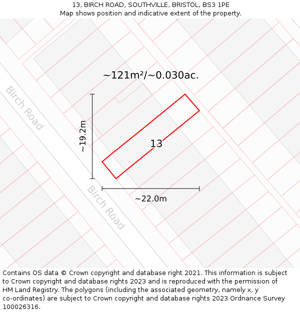 13, BIRCH ROAD, SOUTHVILLE, BRISTOL, BS3 1PE: Plot and title map