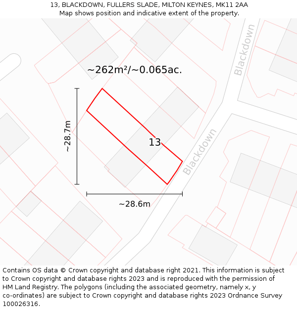13, BLACKDOWN, FULLERS SLADE, MILTON KEYNES, MK11 2AA: Plot and title map