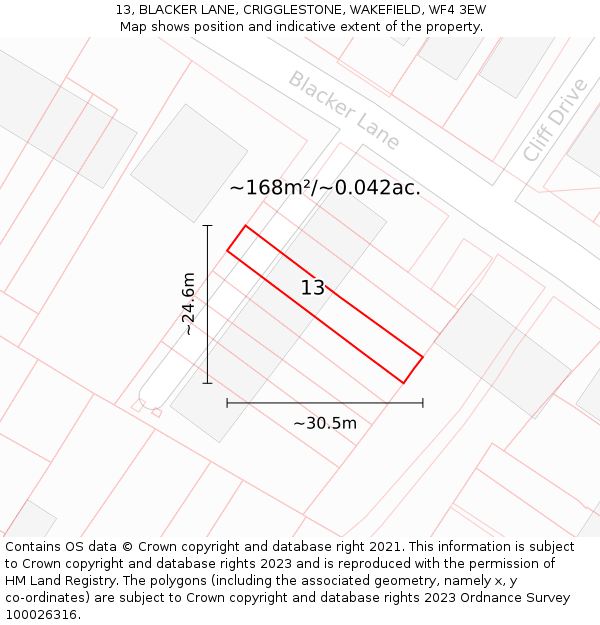13, BLACKER LANE, CRIGGLESTONE, WAKEFIELD, WF4 3EW: Plot and title map
