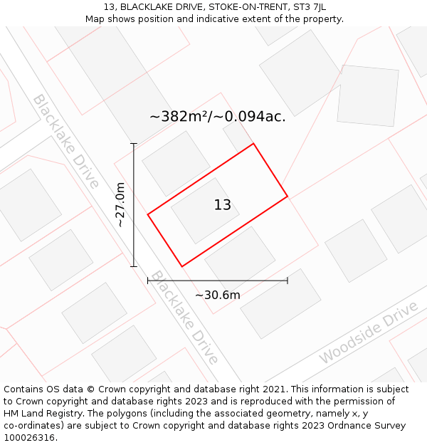 13, BLACKLAKE DRIVE, STOKE-ON-TRENT, ST3 7JL: Plot and title map