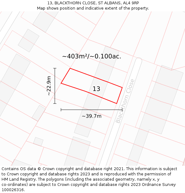 13, BLACKTHORN CLOSE, ST ALBANS, AL4 9RP: Plot and title map