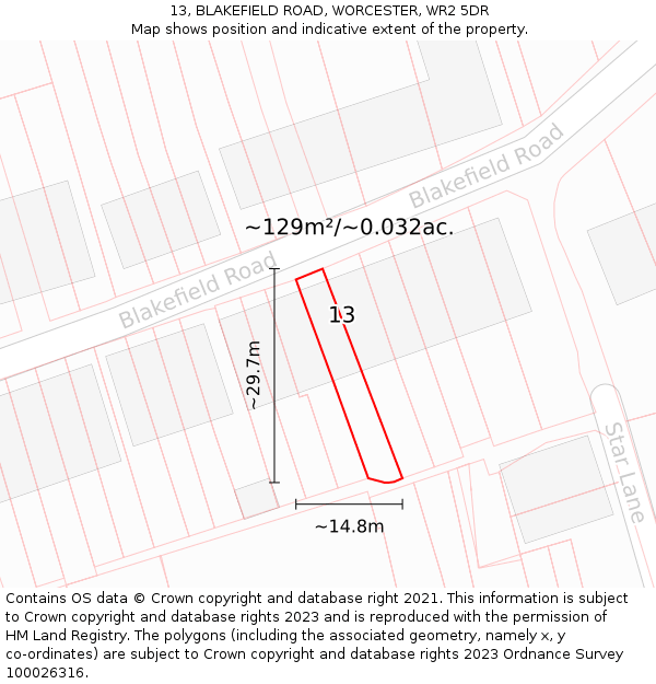 13, BLAKEFIELD ROAD, WORCESTER, WR2 5DR: Plot and title map