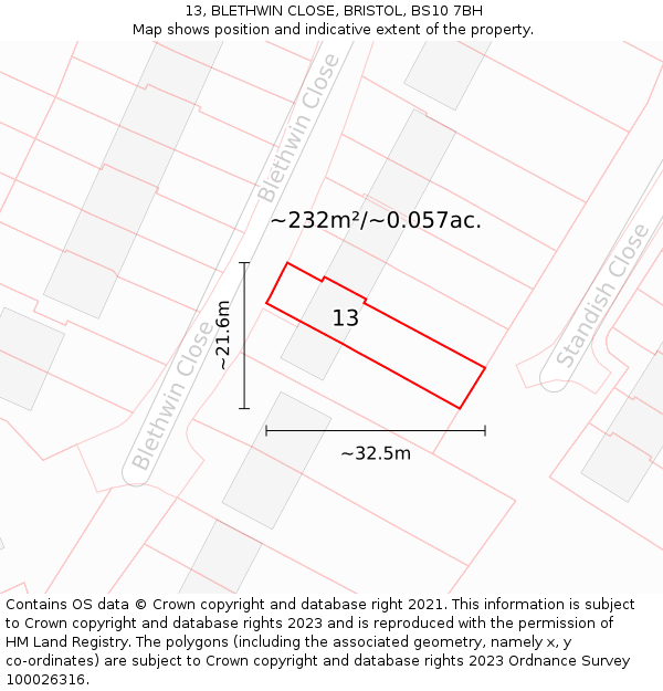 13, BLETHWIN CLOSE, BRISTOL, BS10 7BH: Plot and title map