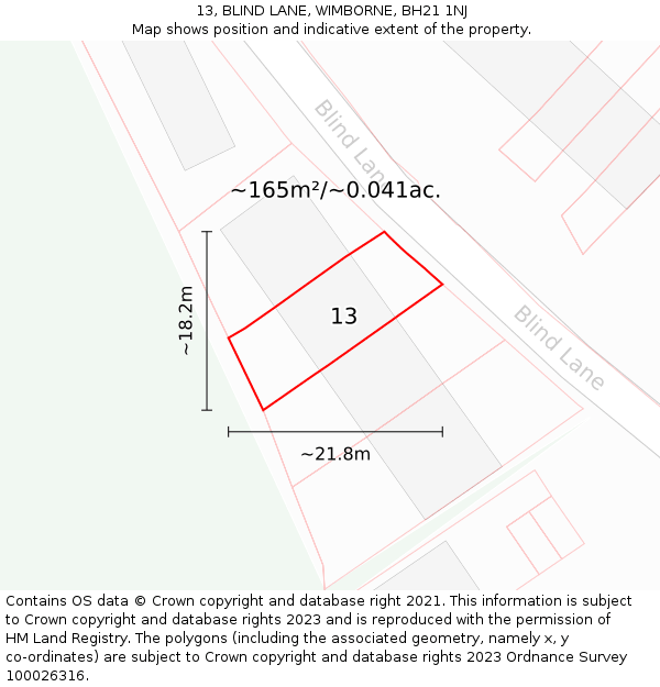 13, BLIND LANE, WIMBORNE, BH21 1NJ: Plot and title map