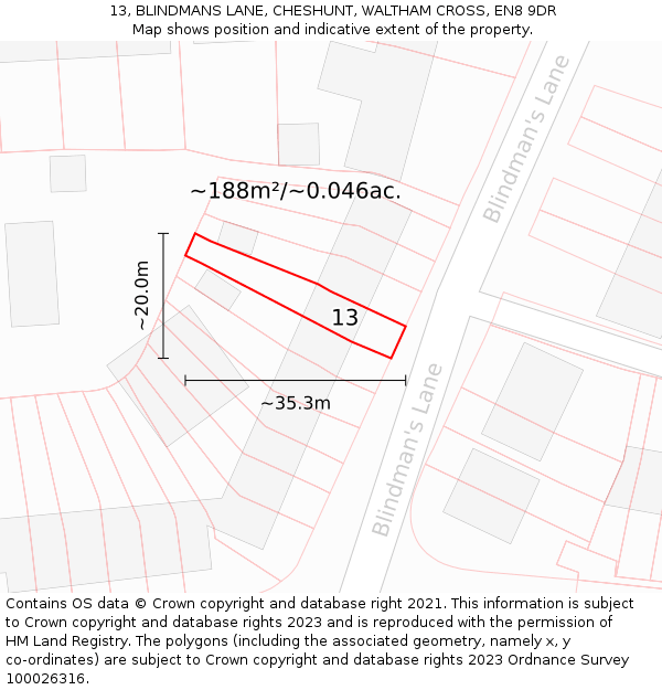 13, BLINDMANS LANE, CHESHUNT, WALTHAM CROSS, EN8 9DR: Plot and title map