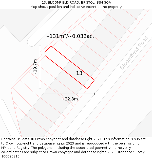 13, BLOOMFIELD ROAD, BRISTOL, BS4 3QA: Plot and title map