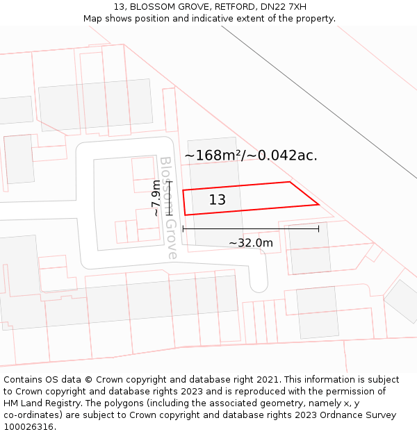 13, BLOSSOM GROVE, RETFORD, DN22 7XH: Plot and title map