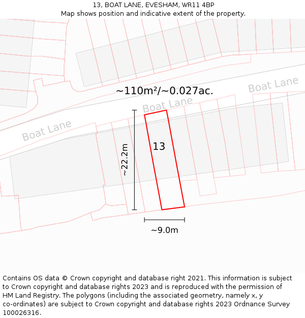 13, BOAT LANE, EVESHAM, WR11 4BP: Plot and title map