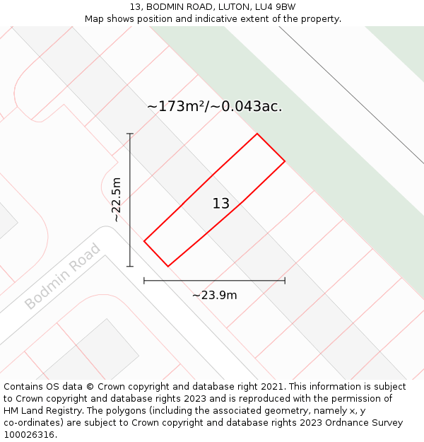 13, BODMIN ROAD, LUTON, LU4 9BW: Plot and title map