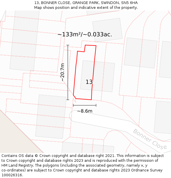 13, BONNER CLOSE, GRANGE PARK, SWINDON, SN5 6HA: Plot and title map