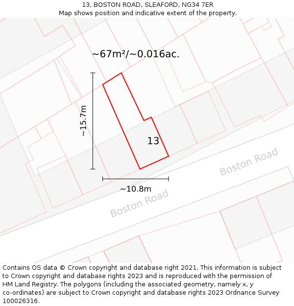 13, BOSTON ROAD, SLEAFORD, NG34 7ER: Plot and title map
