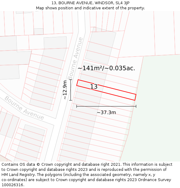 13, BOURNE AVENUE, WINDSOR, SL4 3JP: Plot and title map