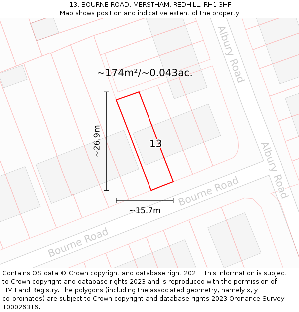 13, BOURNE ROAD, MERSTHAM, REDHILL, RH1 3HF: Plot and title map