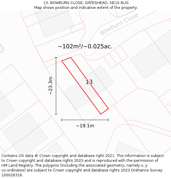13, BOWBURN CLOSE, GATESHEAD, NE10 8UG: Plot and title map