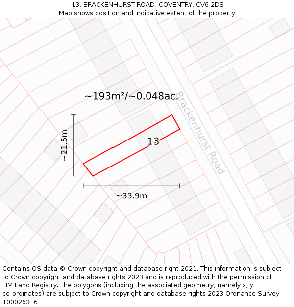 13, BRACKENHURST ROAD, COVENTRY, CV6 2DS: Plot and title map