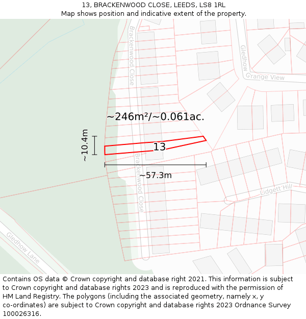 13, BRACKENWOOD CLOSE, LEEDS, LS8 1RL: Plot and title map