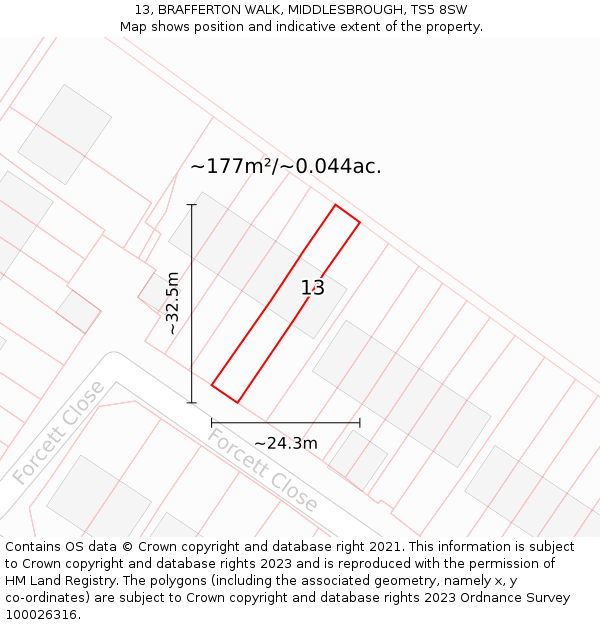 13, BRAFFERTON WALK, MIDDLESBROUGH, TS5 8SW: Plot and title map