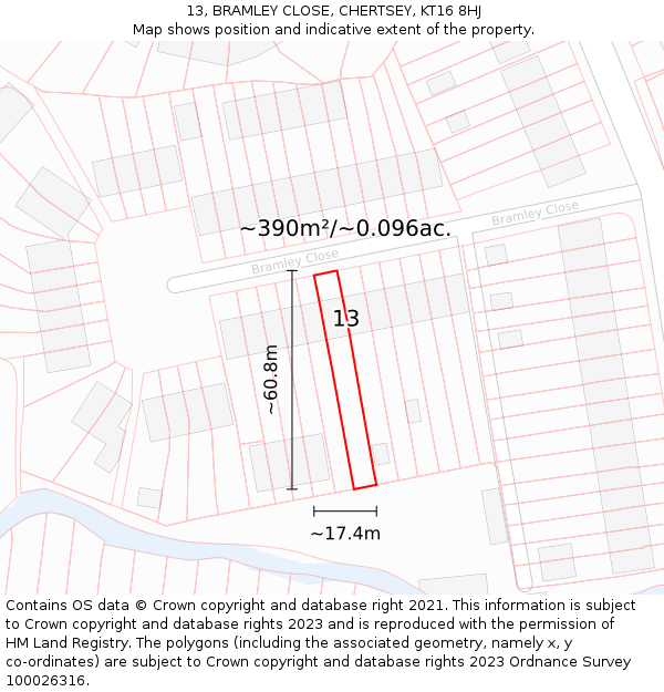 13, BRAMLEY CLOSE, CHERTSEY, KT16 8HJ: Plot and title map