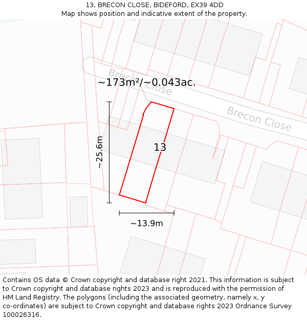 13, BRECON CLOSE, BIDEFORD, EX39 4DD: Plot and title map