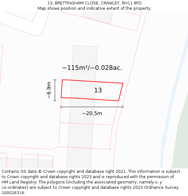 13, BRETTINGHAM CLOSE, CRAWLEY, RH11 8FD: Plot and title map