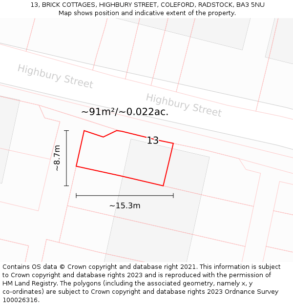 13, BRICK COTTAGES, HIGHBURY STREET, COLEFORD, RADSTOCK, BA3 5NU: Plot and title map