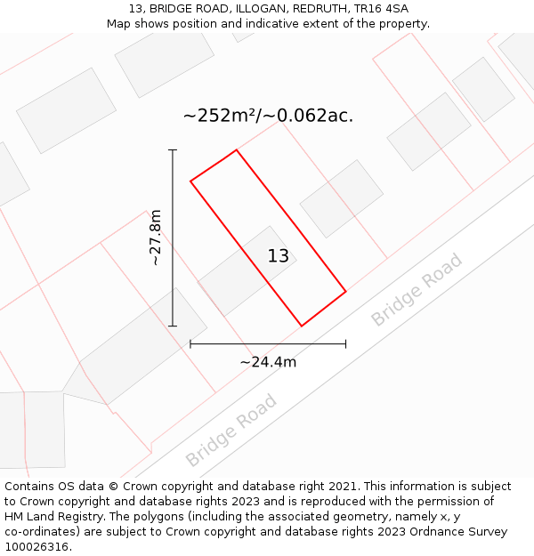 13, BRIDGE ROAD, ILLOGAN, REDRUTH, TR16 4SA: Plot and title map