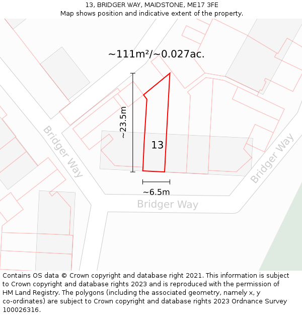 13, BRIDGER WAY, MAIDSTONE, ME17 3FE: Plot and title map