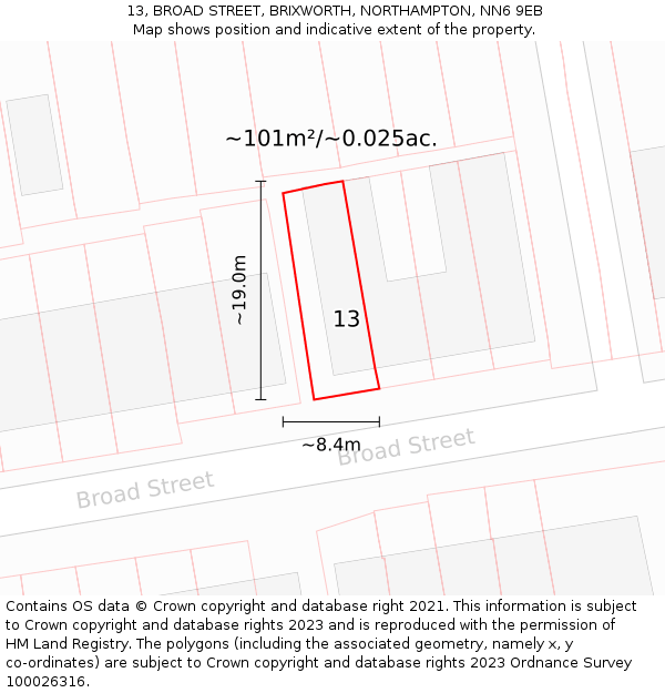 13, BROAD STREET, BRIXWORTH, NORTHAMPTON, NN6 9EB: Plot and title map