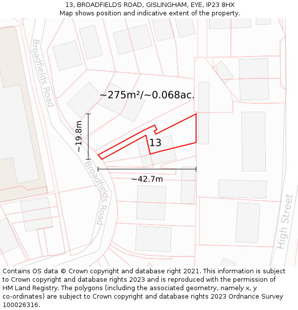 13, BROADFIELDS ROAD, GISLINGHAM, EYE, IP23 8HX: Plot and title map